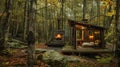 A charming cabin nestled in a lush forest setting The cabin features a large window overlooking the woods a cozy bed and a