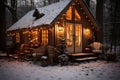 A charming cabin surrounded by snow bathed in a welcoming glow, hygge concept, AI Generated