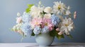 Blue Vase With Colorful Flowers In Pastel Color Scheme