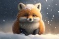 A charming cartoon of a baby red fox in a dreamlike state, surrounded by snow. AI