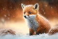 A charming cartoon of a baby red fox in a dreamlike state, surrounded by snow. AI