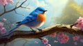 A charming cartoon bluebird perched on a tree branch