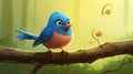 A charming cartoon bluebird perched on a tree branch