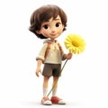 Charming Cartoon Boy With Yellow Flower - Realistic Vray Style