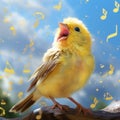 A charming cartoon canary with bright yellow feathers, chirping happily. The canary is surrounded by a variety of