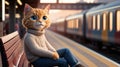 charming cartoon cat on platform with approaching train in soft lighting for visuals focused on transportation, waiting moments, Royalty Free Stock Photo