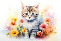 Charming cartoon cat watercolor kitten with floral accents
