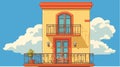 Charming Cartoon House with Balcony on Blue Sky Background Royalty Free Stock Photo