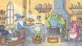 Fantasy Kitchen Wizard, Orc, Dragon Cooking Cartoon Illustration Royalty Free Stock Photo