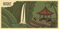 Charming Cartoon Illustration of Gitgit Waterfall Bali Featuring Balinese Pavilion and Visitors Royalty Free Stock Photo
