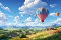 Charming cartoon landscape, summer fields, grassy hills, blue sky, fluffy clouds