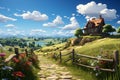 Charming cartoon landscape, summer fields, grassy hills, blue sky, fluffy clouds