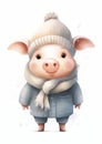 Charming Cartoon Pig in Winter Attire: A Sweet and Playful Farm