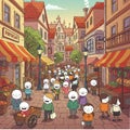 Charming cartoon street scene features simple, smiling stick-figure characters