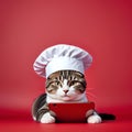 Charming cat in a chef hat set against a bold red backdrop. Cute culinary-themed design Royalty Free Stock Photo