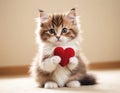 A charming cat holds a vibrant red heart in its small paws, showcasing an endearing image perfect for expressing love