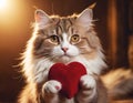 A charming cat holds a vibrant red heart in its small paws, showcasing an endearing image perfect for expressing love