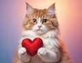 A charming cat holds a vibrant red heart in its small paws, showcasing an endearing image perfect for expressing love