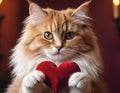 A charming cat holds a vibrant red heart in its small paws, showcasing an endearing image perfect for expressing love