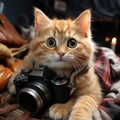 cute yellow cat as a photographer holding a camera in his paws and smiling