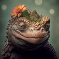 A Charming Character Portrait of a Joyful Lizard with Adorned Flower