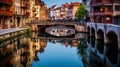 A charming city channel with a reflection of ancient buildings in water