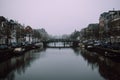 Charming cityscape of old Dutch town Haarlem. Stone bridge connecting two banks of the Spaarne river.