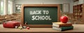 Charming classroom scene featuring a blackboard, apple, and back-to-school items Royalty Free Stock Photo