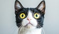Charming Close-Up of a Black and White Cat Face with Large Eyes on a Clean Gray Background Royalty Free Stock Photo
