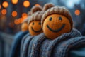 A charming close-up captures two handmade orange toys