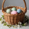 Pastel Speckled Easter Eggs in Wicker Basket with Spring Blossoms Royalty Free Stock Photo