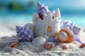 Miniature Sandcastle with Colorful Seashells on the Beach Royalty Free Stock Photo