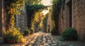 Charming cobblestone alleyway lined with greenery during golden hour light Royalty Free Stock Photo