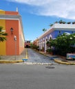 Charming cobblestone street with colonial architecture in San Juan, Puerto Rico