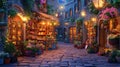Charming cobblestone street at dusk, lined with flower shops and illuminated by warm lights Royalty Free Stock Photo