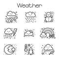 Weather icon set in doodle style, including snow, rain, thunderstorm and other meteorological symbols, vector illustration.