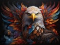 A charming and colored eagle in a bold painting, on black background, bright flash, animal design, fantasy art, t-shirt, logo