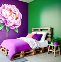 Cozy bedroom in lilac and green tones with a bed made with wooden pallets