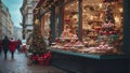 Confectionery store with a variety of desserts on the street with Christmas decorations