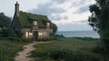 A charming cottage with a grass-covered roof glows warmly at night, nestled on a cliff by the ocean, inviting Royalty Free Stock Photo