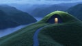 A charming cottage with a grass-covered roof glows warmly at night, nestled on a cliff by the ocean, inviting Royalty Free Stock Photo