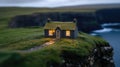 A charming cottage with a grass-covered roof glows warmly at night, nestled on a cliff by the ocean, inviting Royalty Free Stock Photo