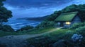 A charming cottage with a grass-covered roof glows warmly at night, nestled on a cliff by the ocean, inviting Royalty Free Stock Photo
