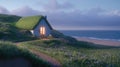 A charming cottage with a grass-covered roof glows warmly at night, nestled on a cliff by the ocean, inviting Royalty Free Stock Photo