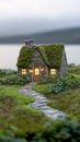 A charming cottage with a grass-covered roof glows warmly at night, nestled on a cliff by the ocean, inviting Royalty Free Stock Photo