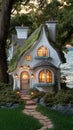 A charming cottage with a grass-covered roof glows warmly at night, nestled on a cliff by the ocean, inviting Royalty Free Stock Photo