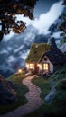A charming cottage with a grass-covered roof glows warmly at night, nestled on a cliff by the ocean, inviting Royalty Free Stock Photo
