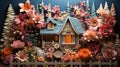 A charming cottage surrounded by blooming flowers and a picket fence. 3D tile art Royalty Free Stock Photo