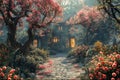 Charming cottage surrounded by blossoming trees Royalty Free Stock Photo