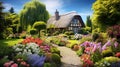 A charming cottage with a thatched roof and a colorful garden in full bloom.
